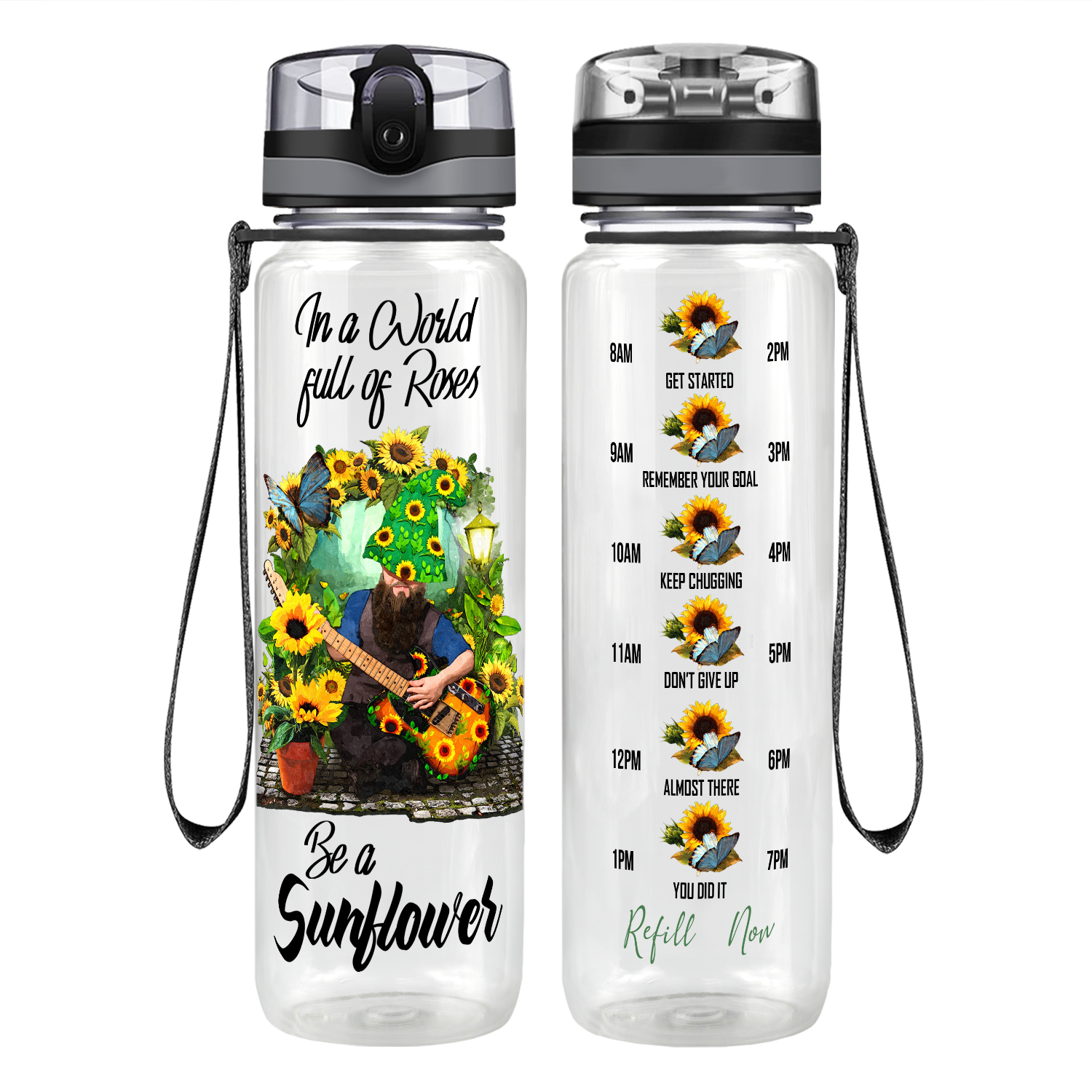 In A World Full of Roses Be A Sunflower Man Playing Guitar Motivational Tracking Water Bottle