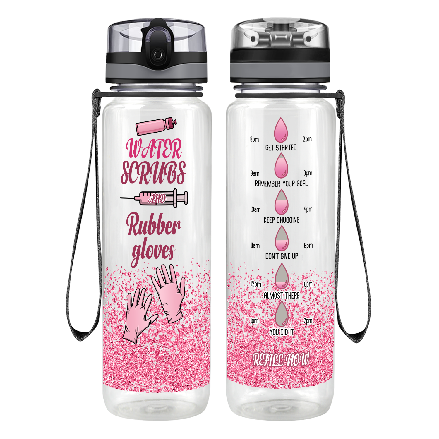 Pink Water Scrubs and Rubber Gloves Motivational Tracking Water Bottle