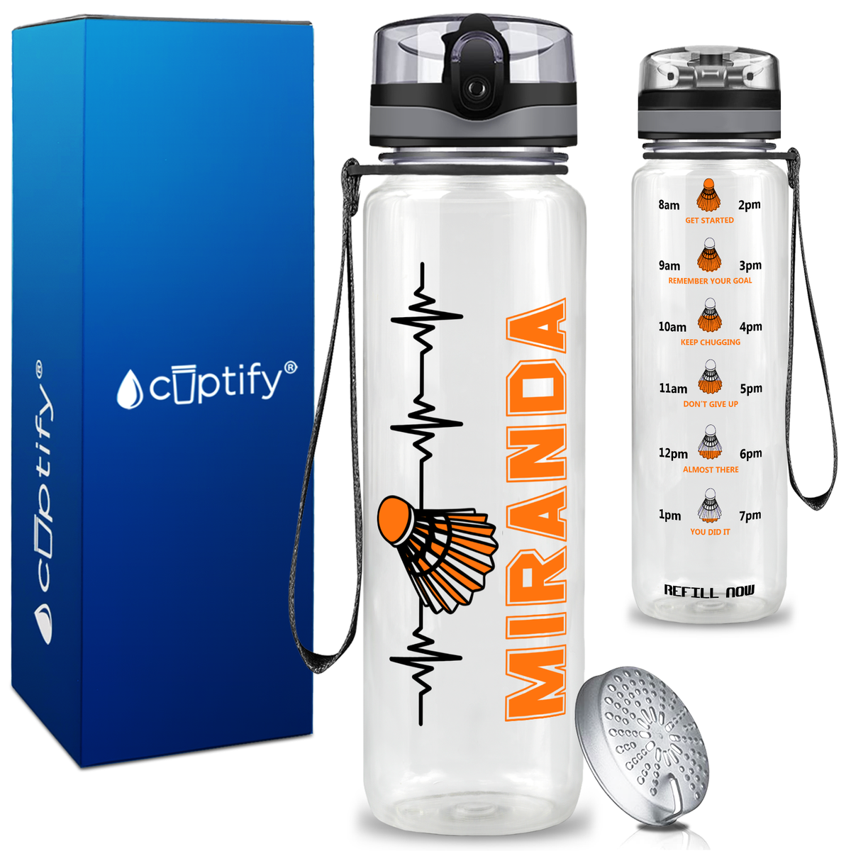 Personalized Badminton Heartbeat on 32 oz Motivational Tracking Water Bottle