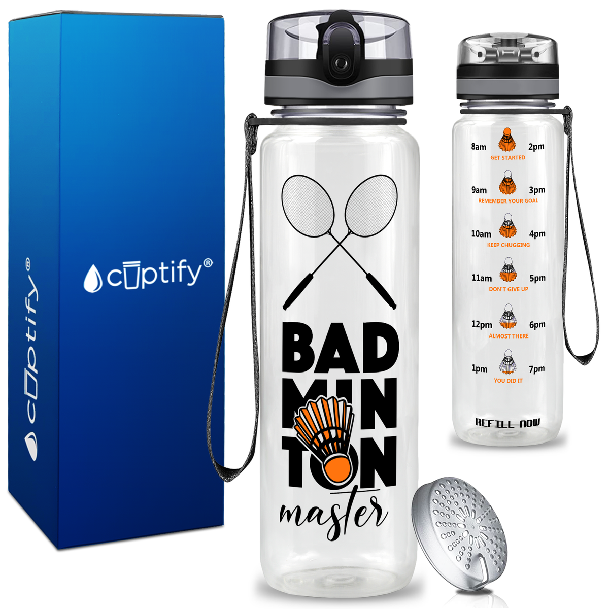 Personalized Badminton Master on 32 oz Motivational Tracking Water Bottle