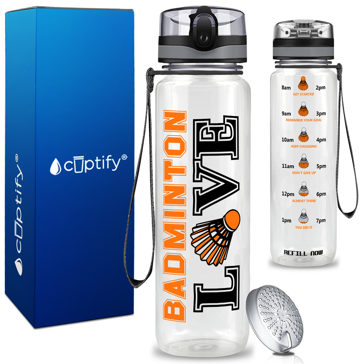 Love Badminton on 32 oz Motivational Tracking Water Bottle