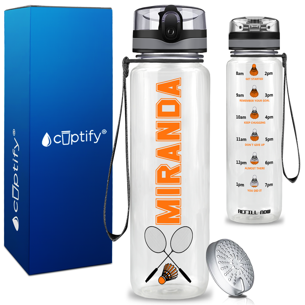 Personalized Badminton Rackets and Shuttlecock on 32 oz Motivational Tracking Water Bottle