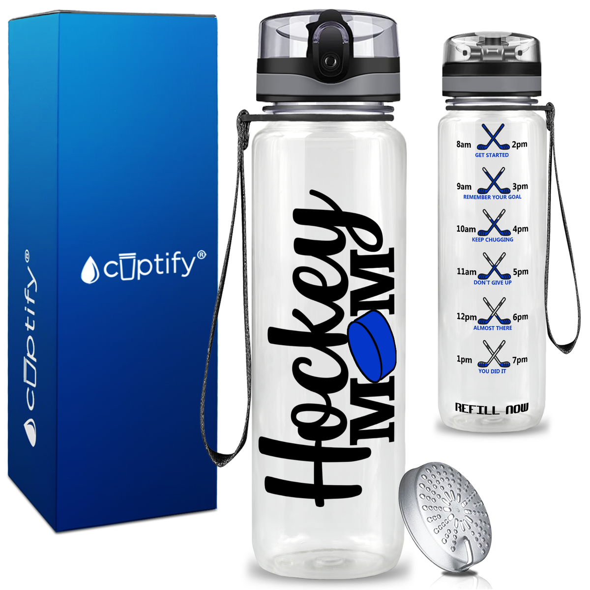 Hockey Mom with Puck on 32 oz Motivational Tracking Water Bottle