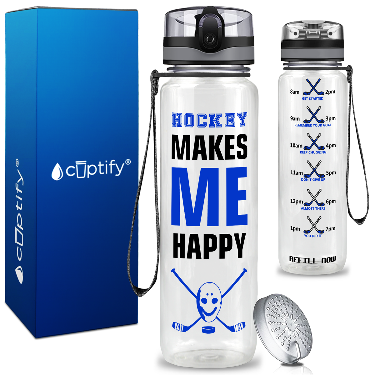 Personalized Hockey Makes Me Happy on 32 oz Motivational Tracking Water Bottle
