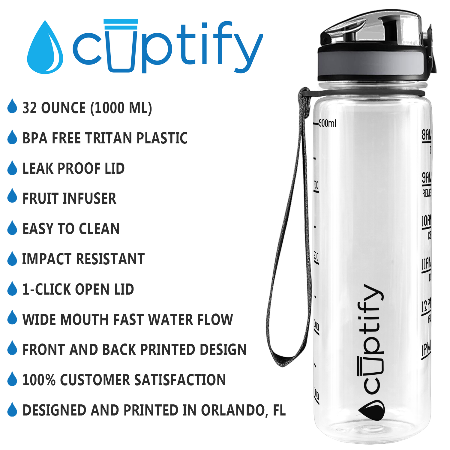 HYDRATE 900ml Water Bottle with Straw and Motivational Time Markings, Black