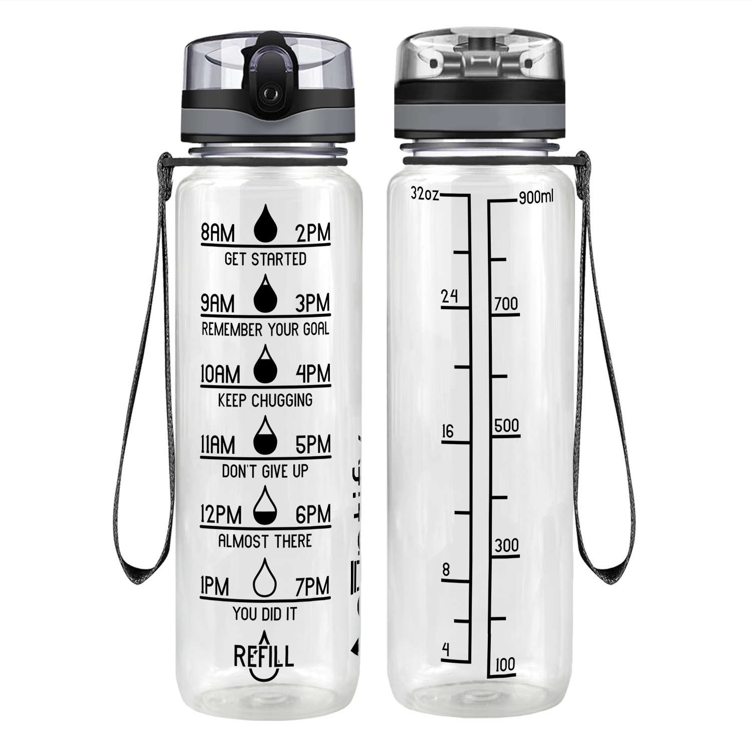 HYDRATE 900ml Water Bottle with Straw and Motivational Time Markings, Black