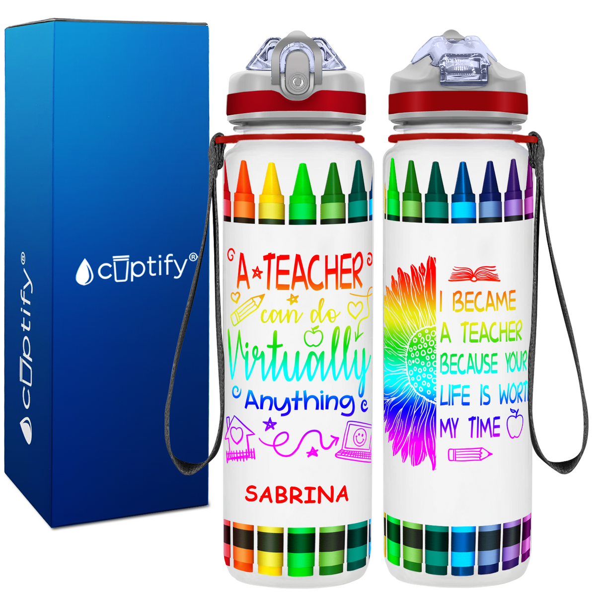 Personalized A Teacher Can Do Virtually Anything on 32 oz Water Bottle with Straw Lid