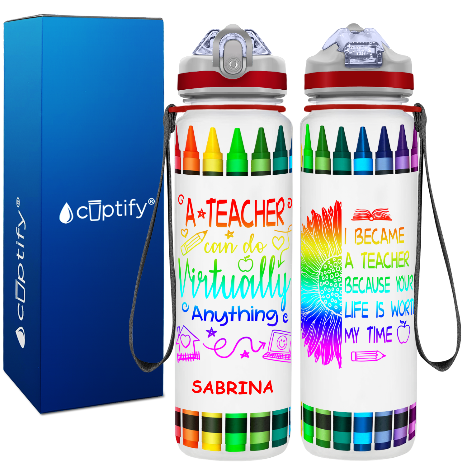 Personalized A Teacher Can Do Virtually Anything on 32 oz Water Bottle with Straw Lid