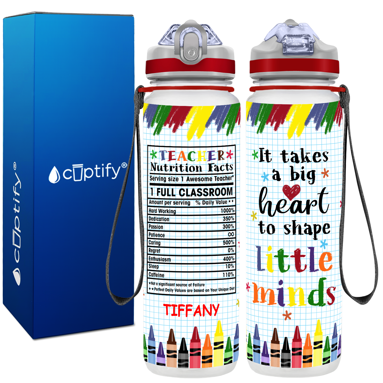 Personalized Teacher Nutrition Facts on 32 oz Water Bottle with Straw Lid