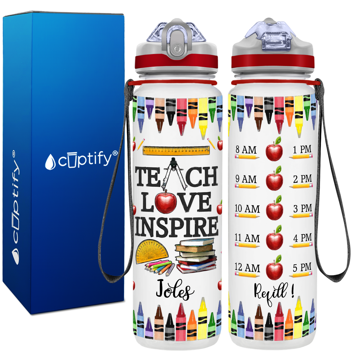 Personalized Teach Love Inspire on 32 oz Water Bottle with Straw Lid