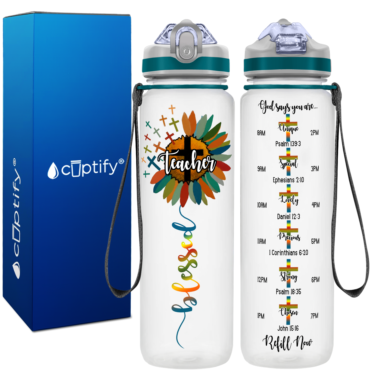 Sunflower Blessed Teacher on 32 oz Water Bottle with Straw Lid