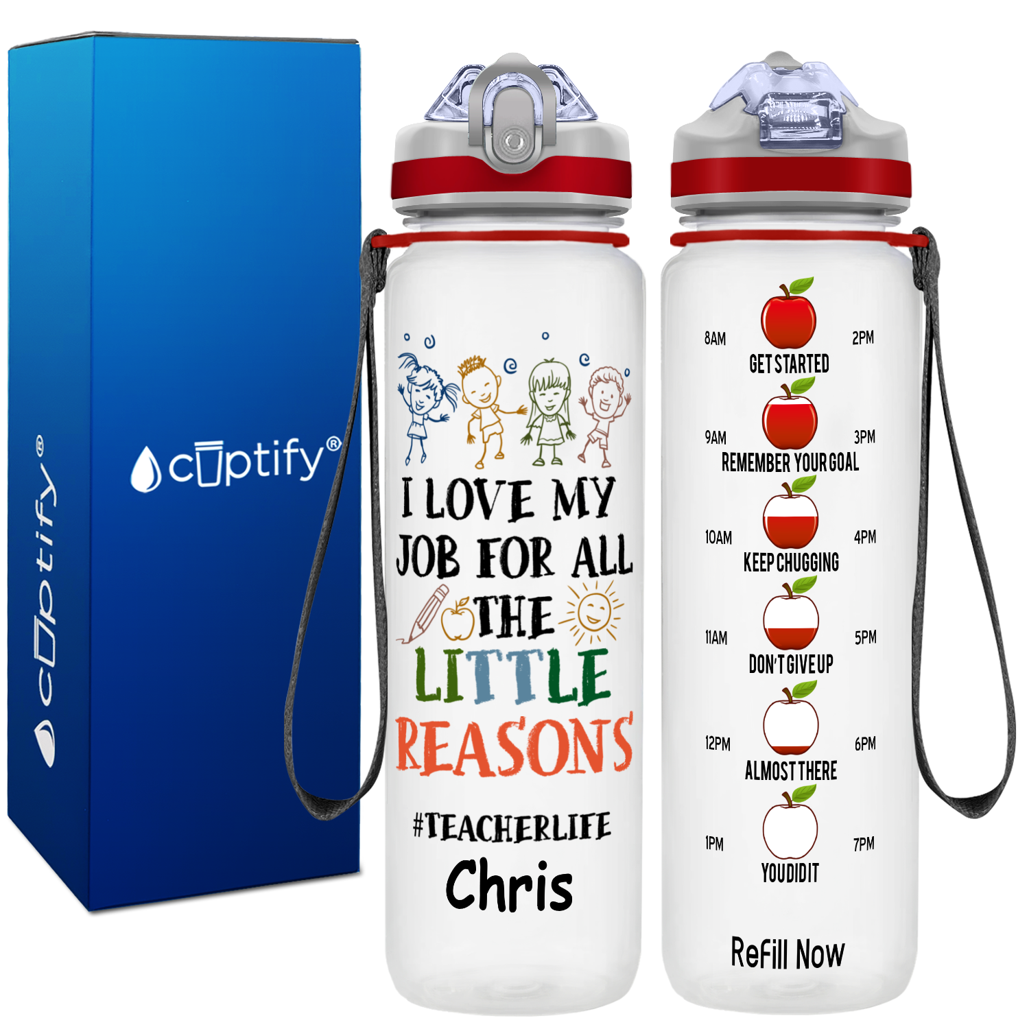 Personalized I Love My Job #Teacherlife on 32 oz Water Bottle with Straw Lid