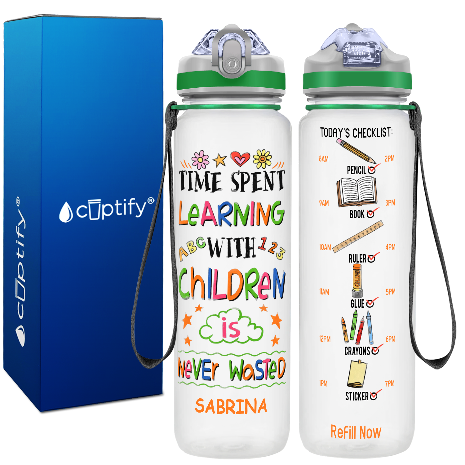 Personalized Time Spent Learning on 32 oz Water Bottle with Straw Lid