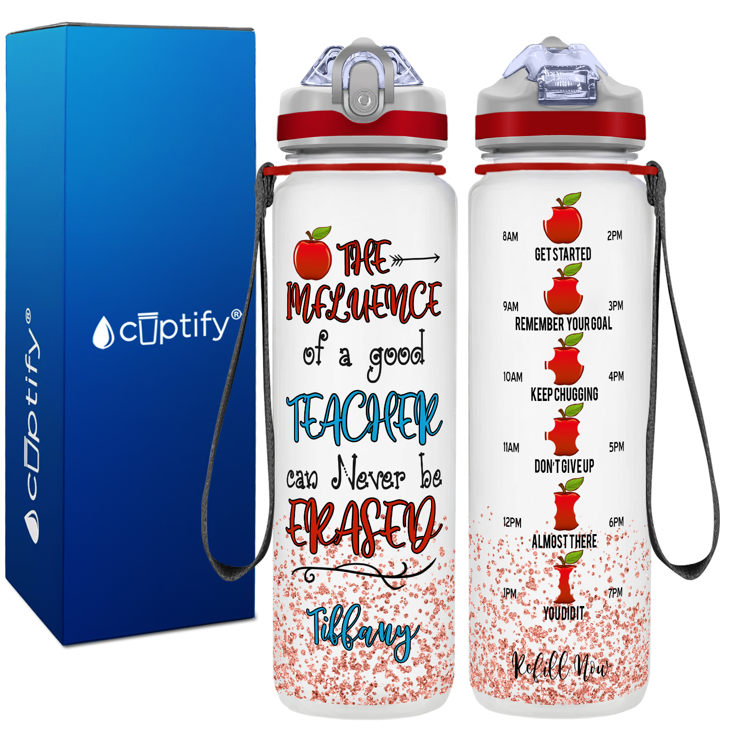 Personalized Influence of a Good Teacher Apples on 32 oz Water Bottle with Straw Lid