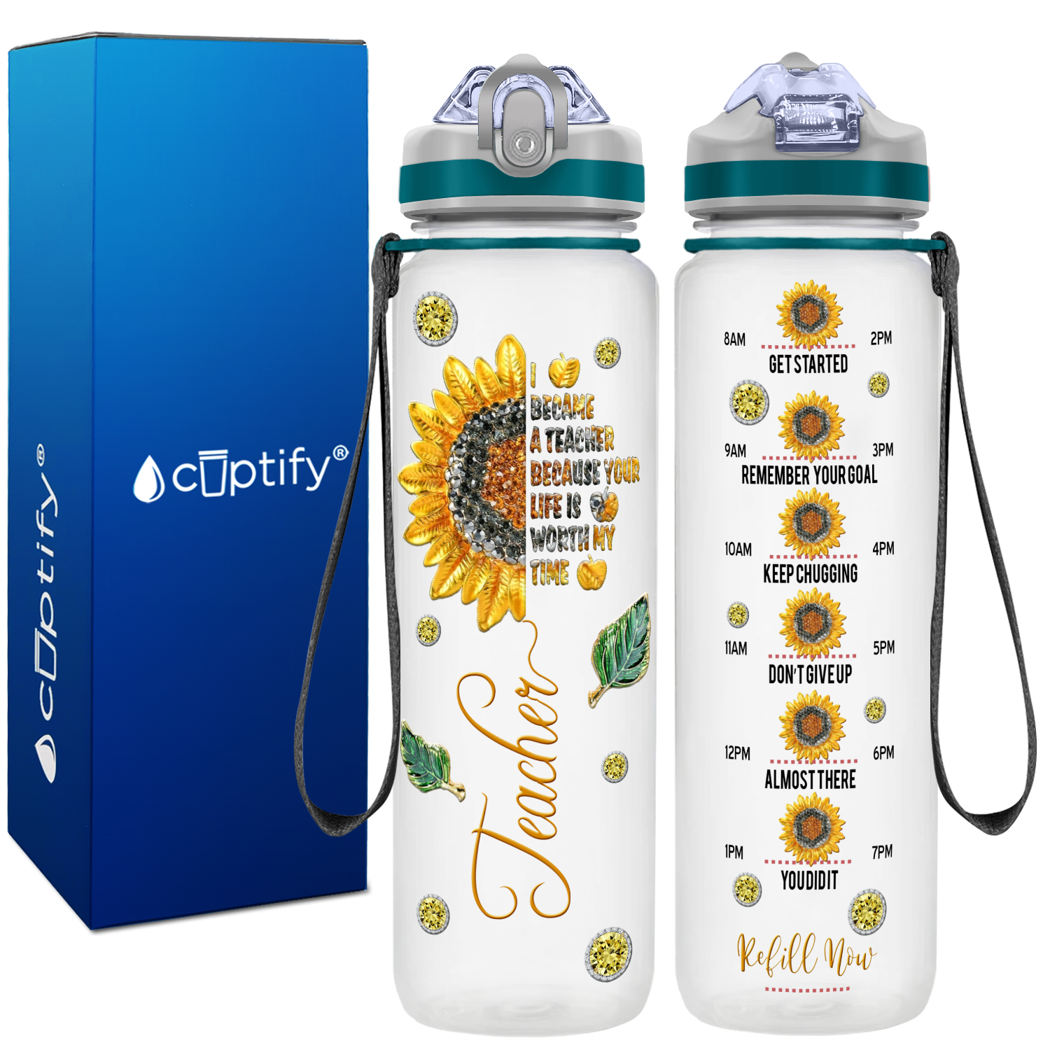 Sunflower Teacher on 32 oz Water Bottle with Straw Lid