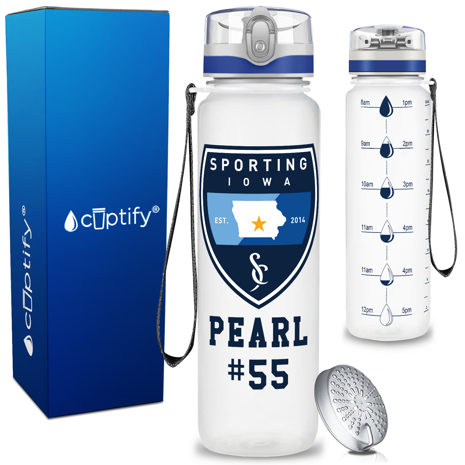 Sporting Iowa on 32oz White with Blue Ring Motivational Tracking Water Bottle