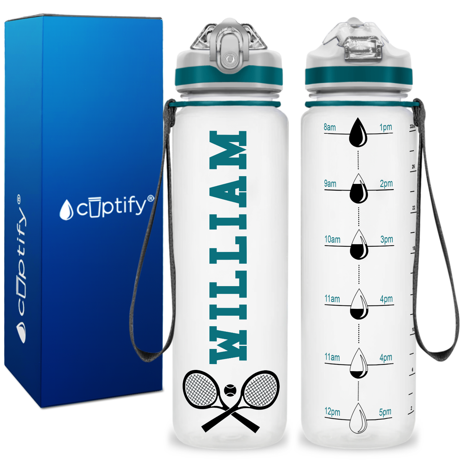 Personalized Tennis Rackets on 32 oz Motivational Tracking Water Bottle