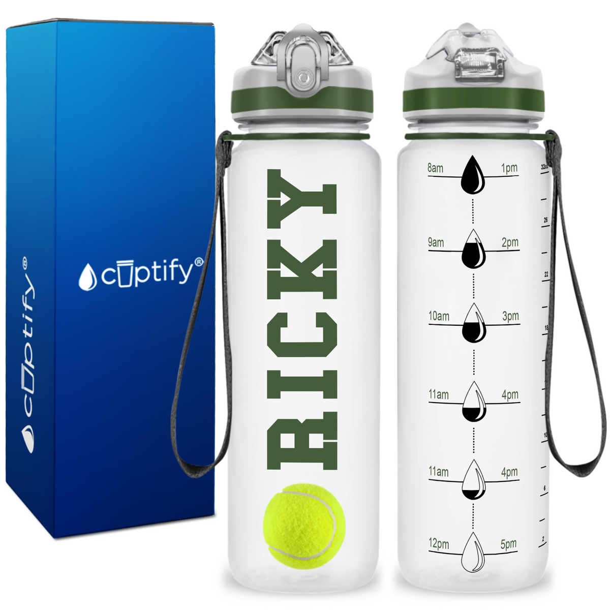 Personalized Tennis Ball on 32 oz Motivational Tracking Water Bottle