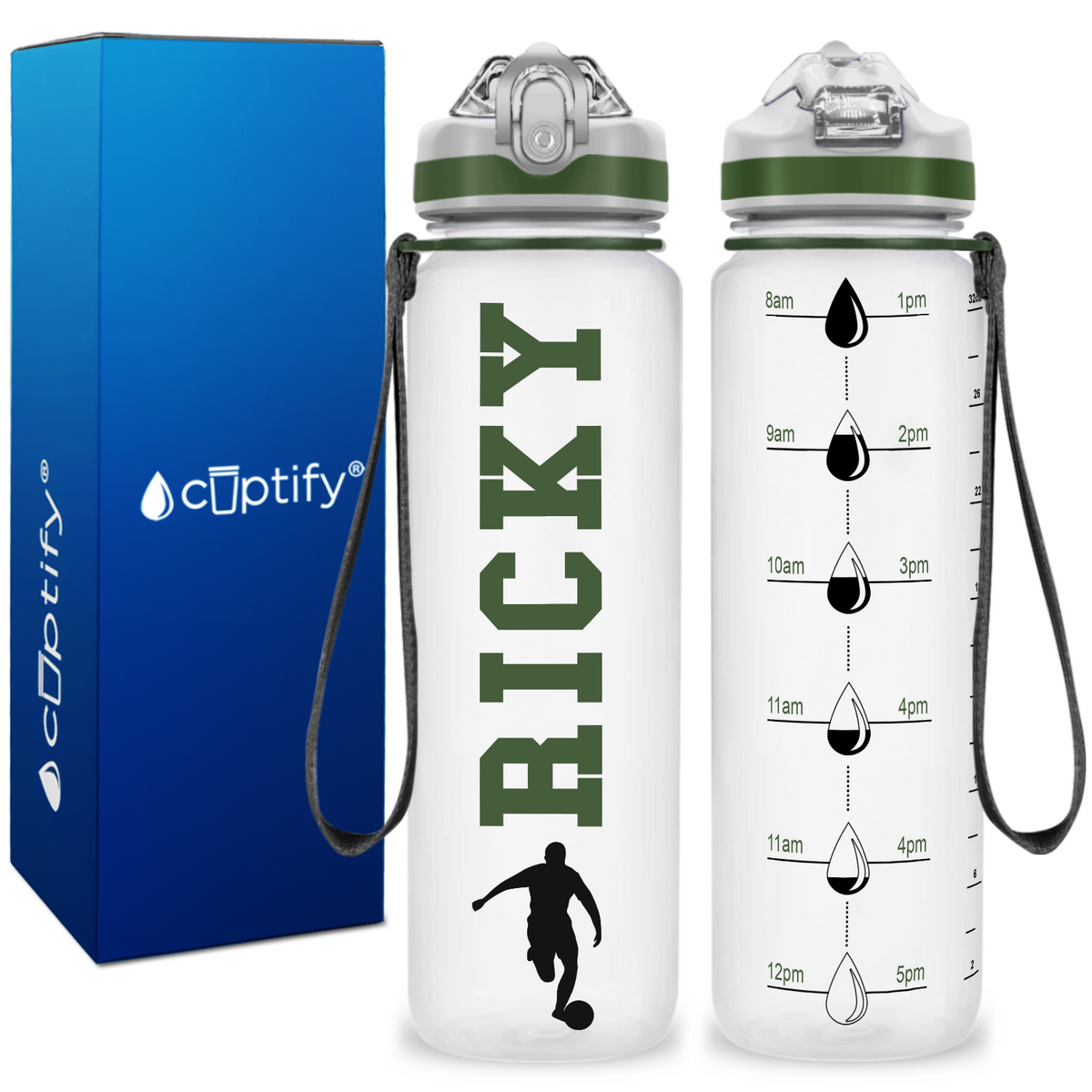 Personalized Soccer Player on 32 oz Motivational Tracking Water Bottle