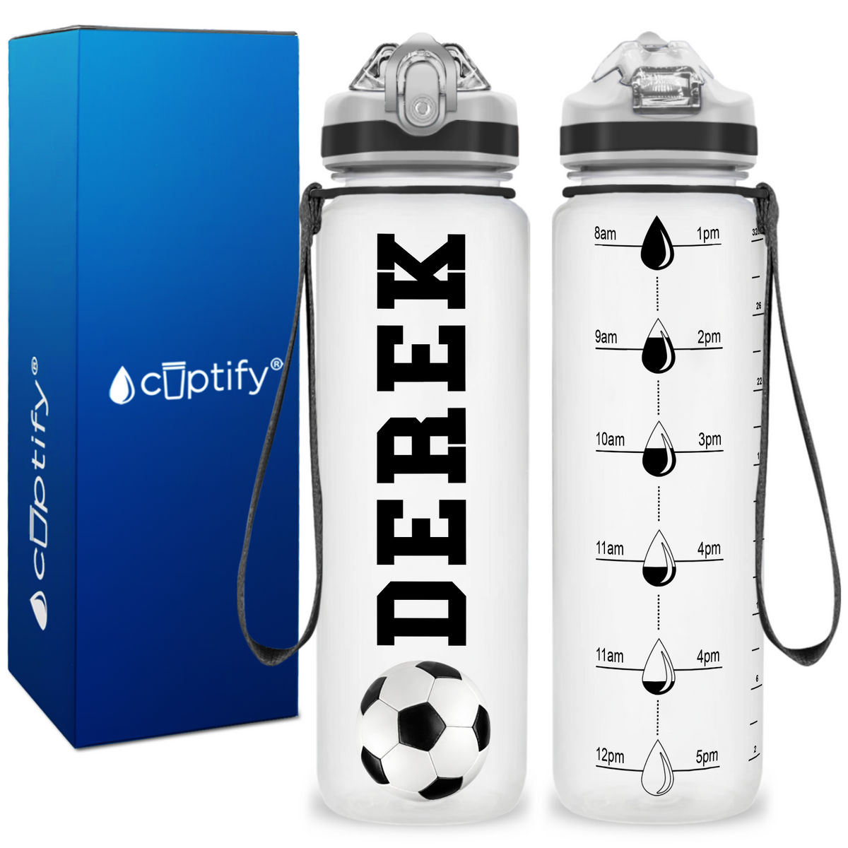 Personalized Soccer Ball on 32 oz Motivational Tracking Water Bottle