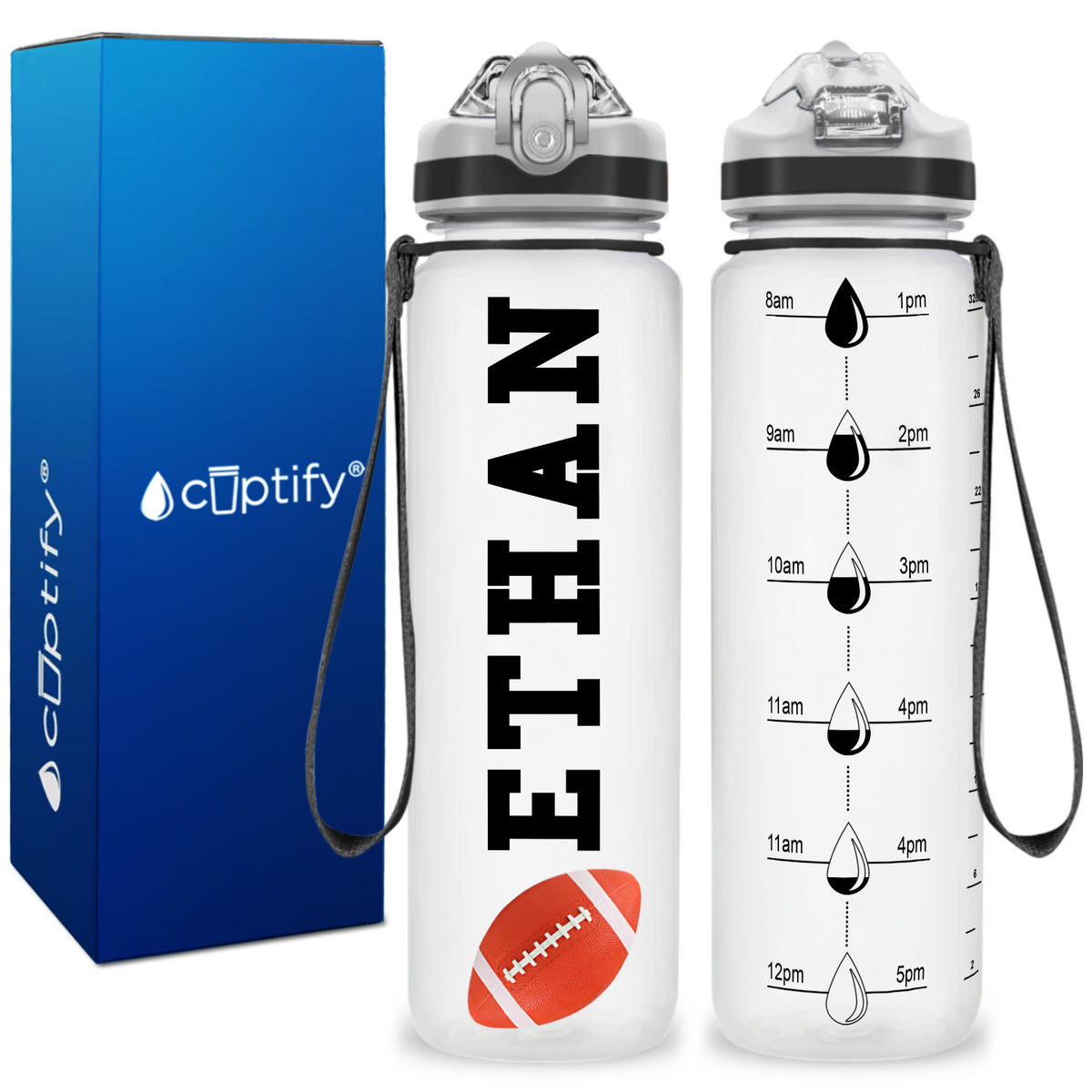 Personalized Football on 32 oz Motivational Tracking Water Bottle