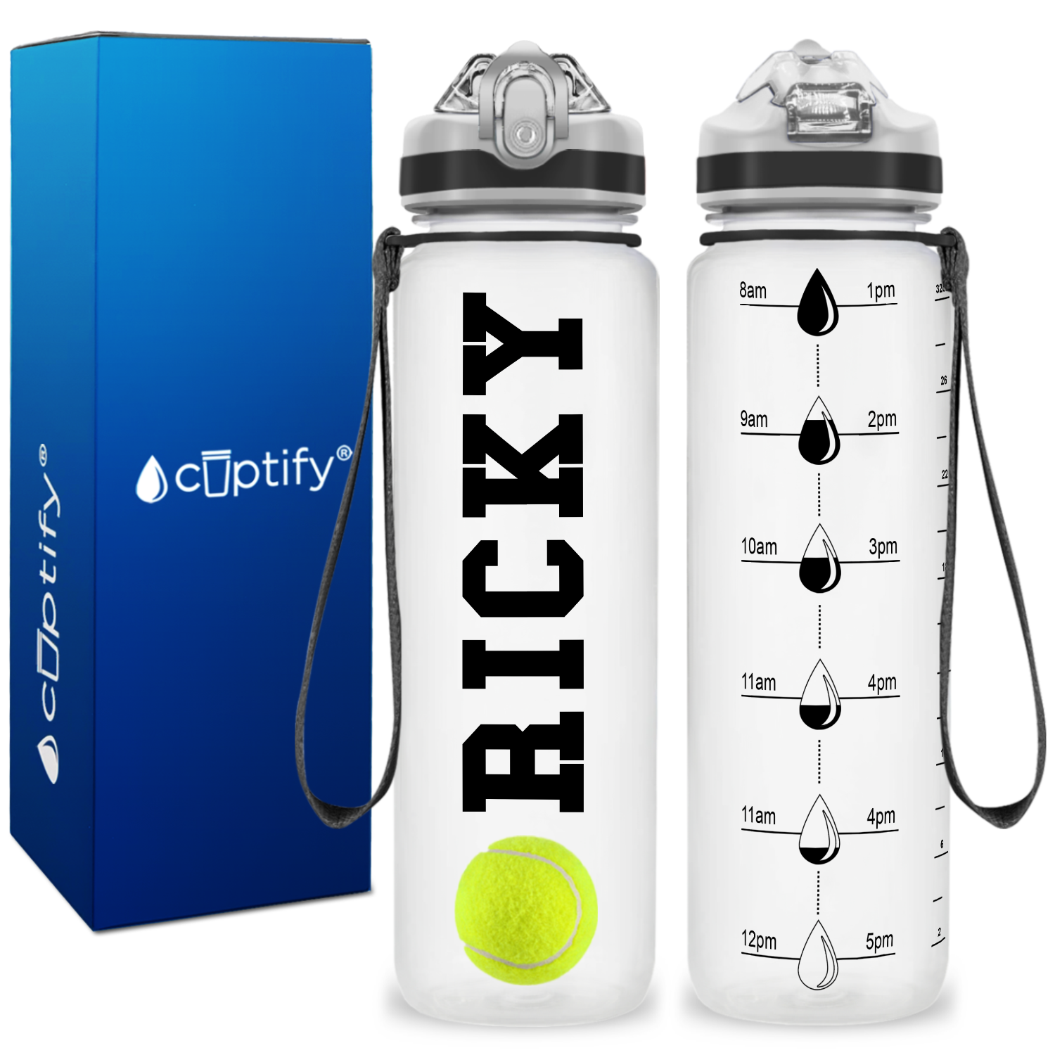 Personalized Tennis Ball on 32 oz Motivational Tracking Water Bottle