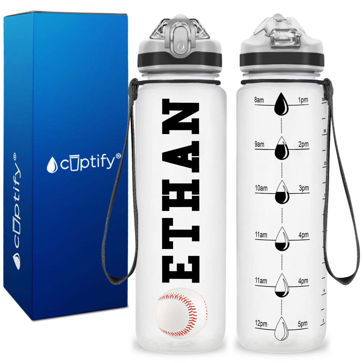 Personalized Baseball on 32 oz Motivational Tracking Water Bottle