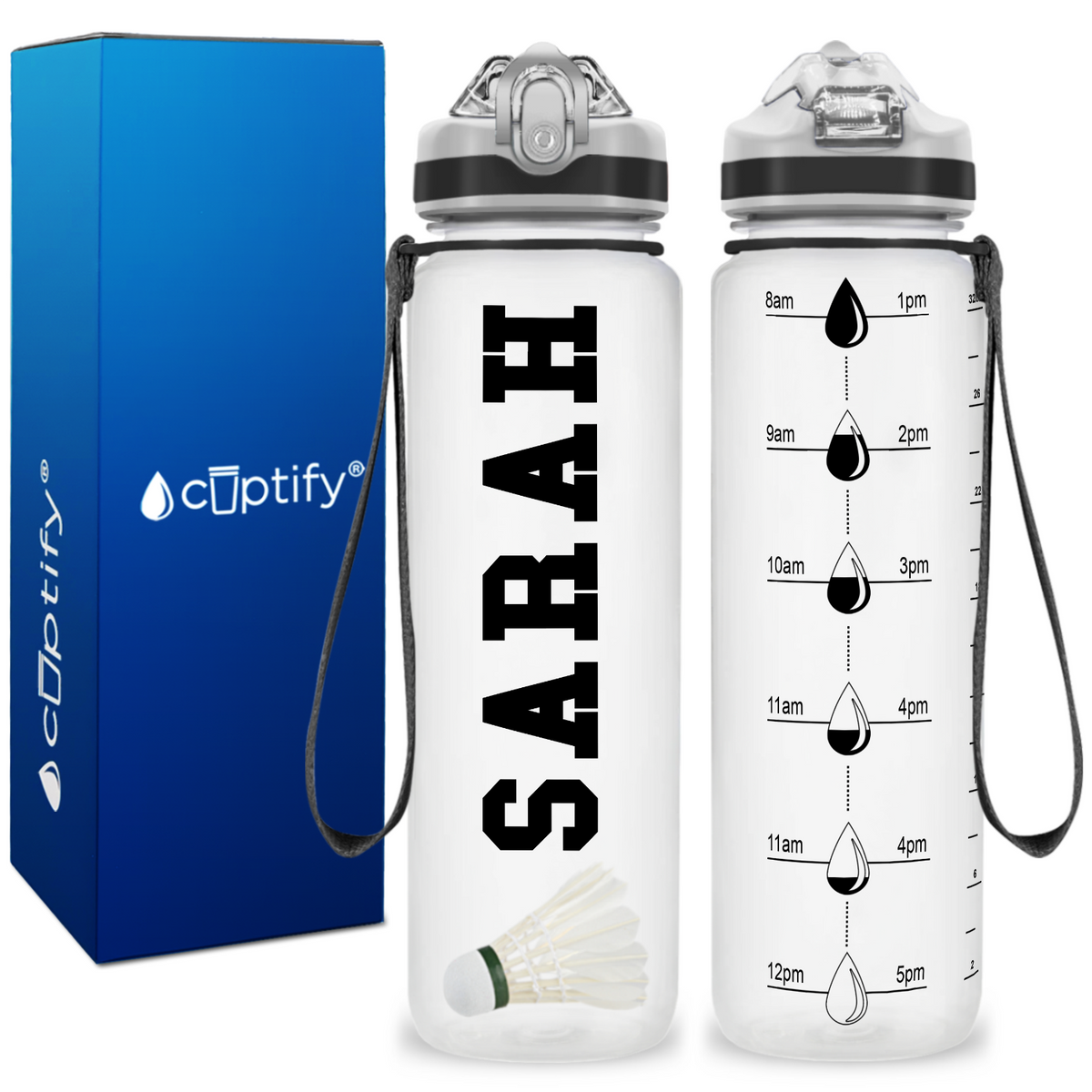 Personalized Badminton on 32 oz Motivational Tracking Water Bottle