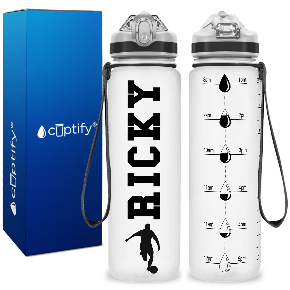 Personalized Soccer Player on 32 oz Motivational Tracking Water Bottle