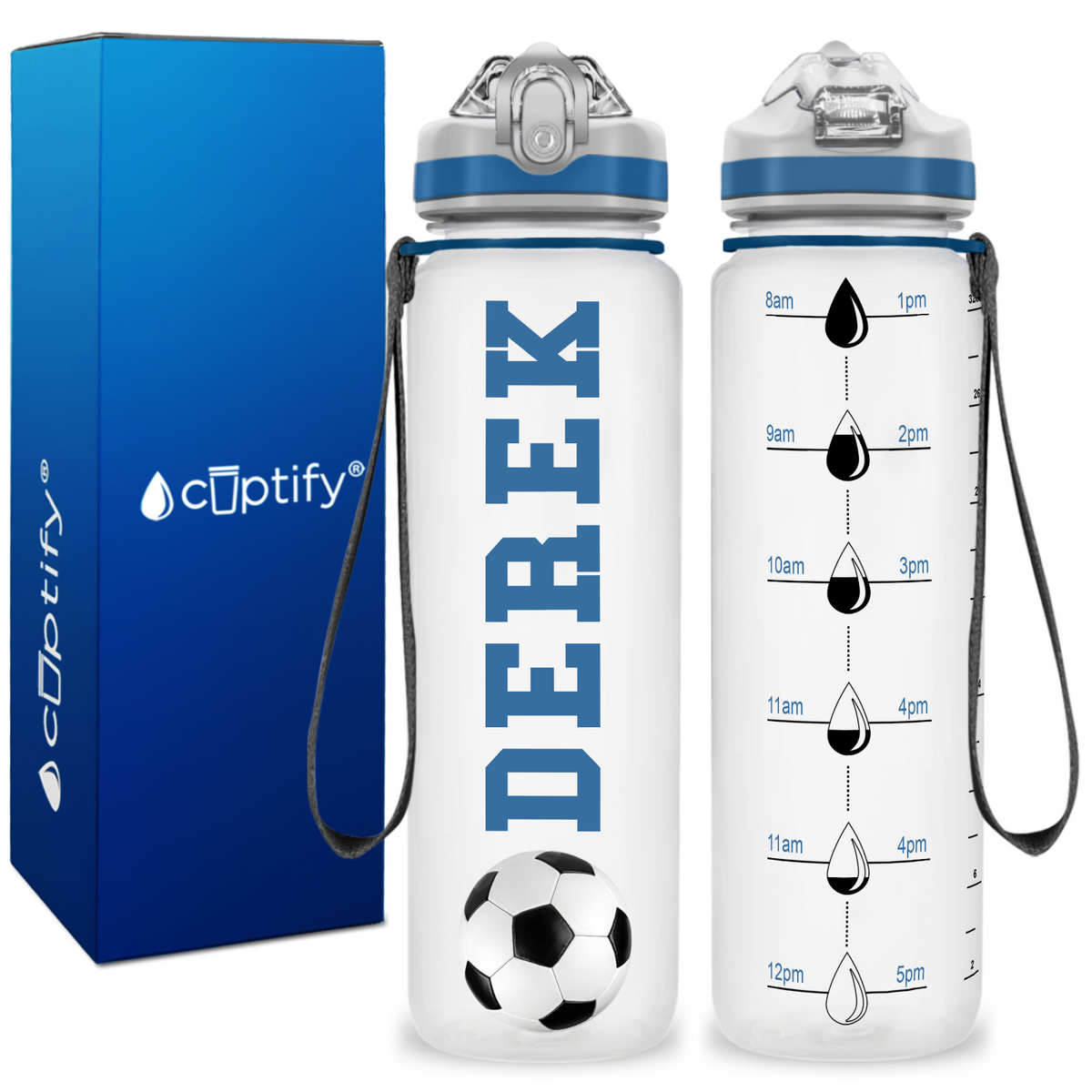 Personalized Soccer Ball on 32 oz Motivational Tracking Water Bottle