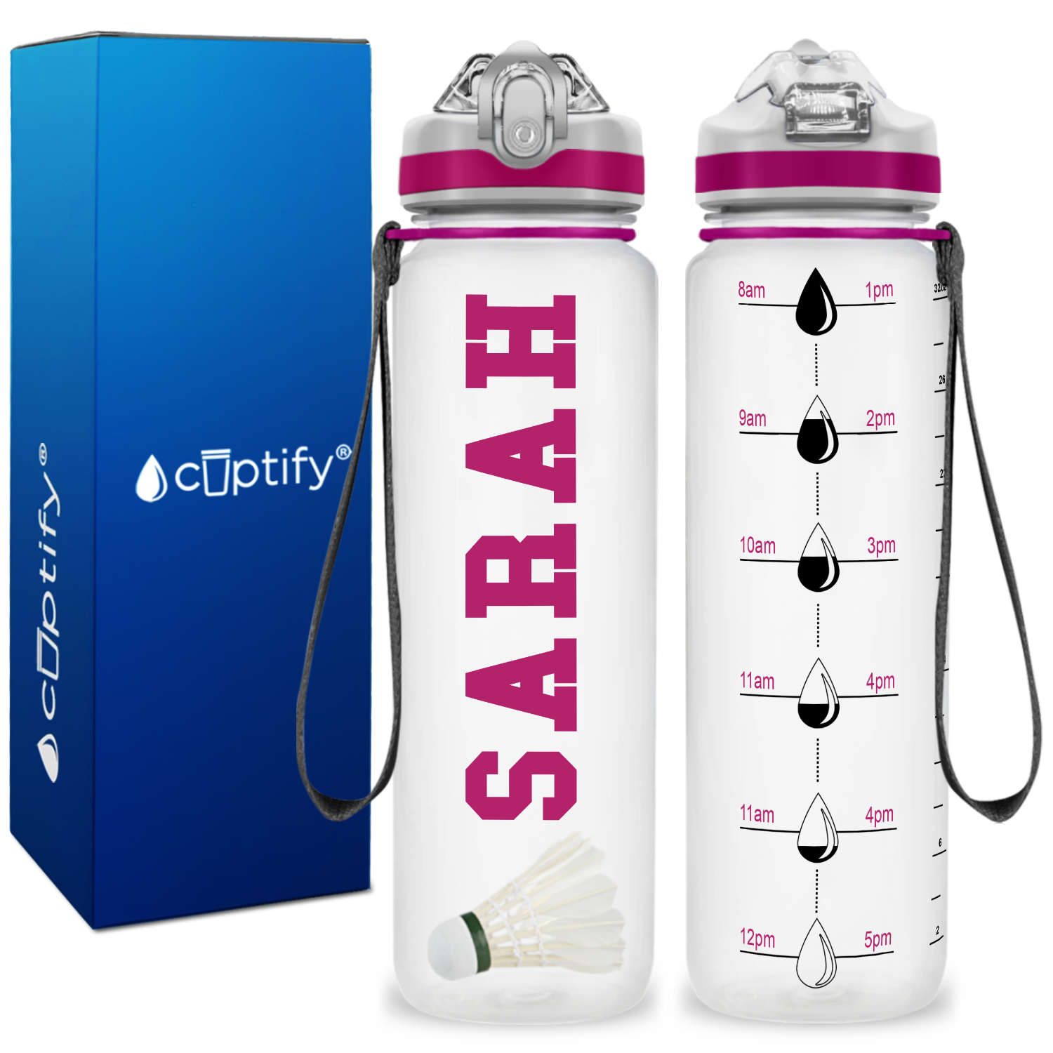 Personalized Badminton on 32 oz Motivational Tracking Water Bottle