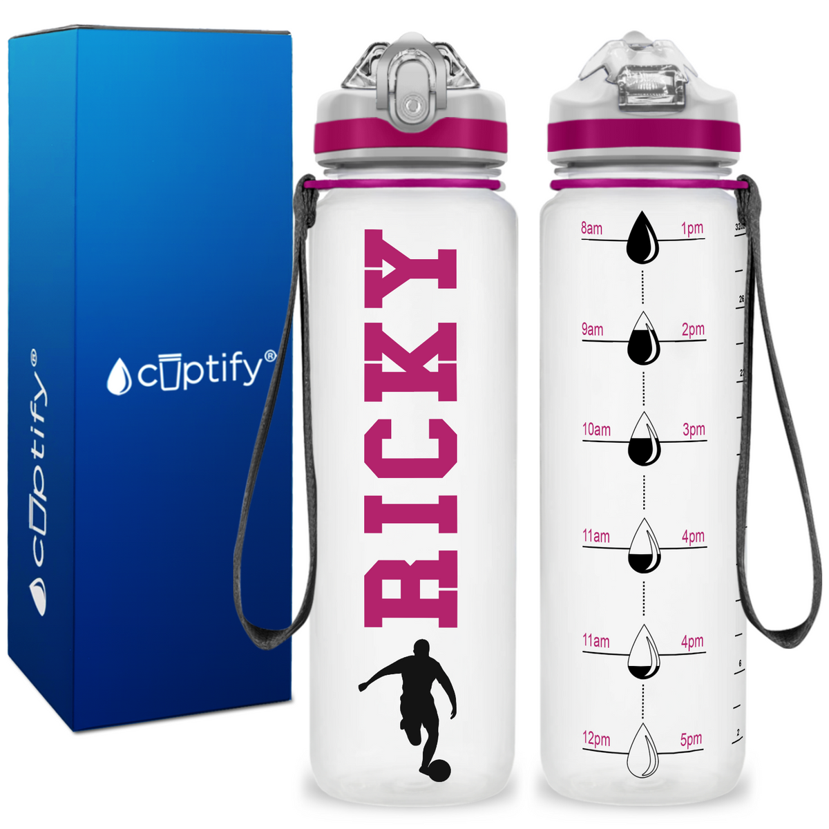 Personalized Soccer Player on 32 oz Motivational Tracking Water Bottle