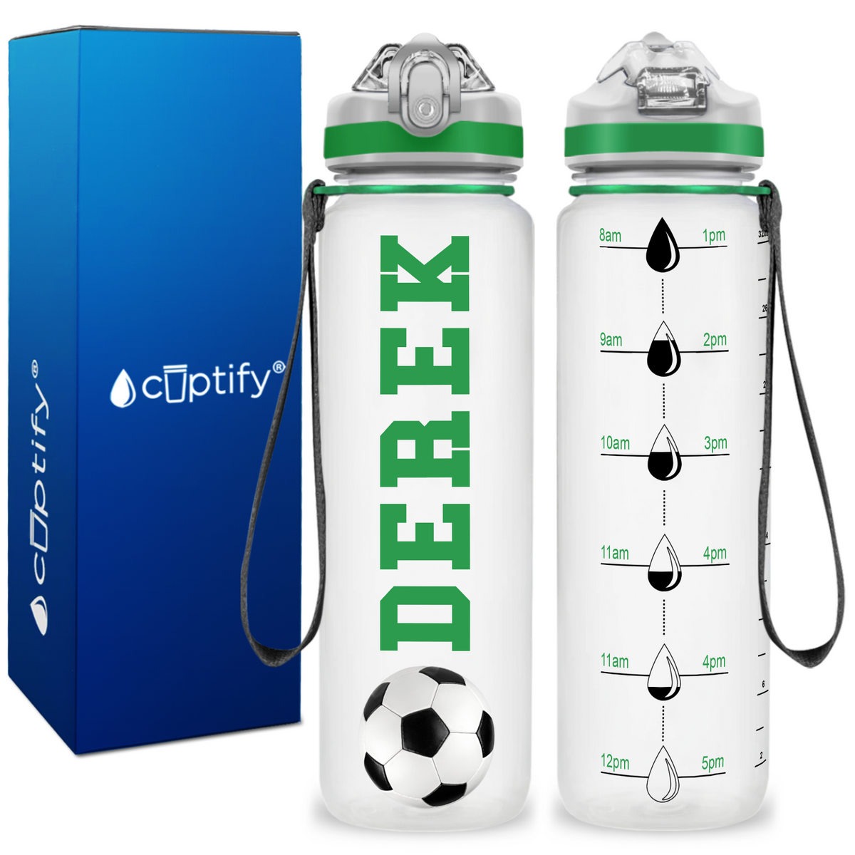 Personalized Soccer Ball on 32 oz Motivational Tracking Water Bottle