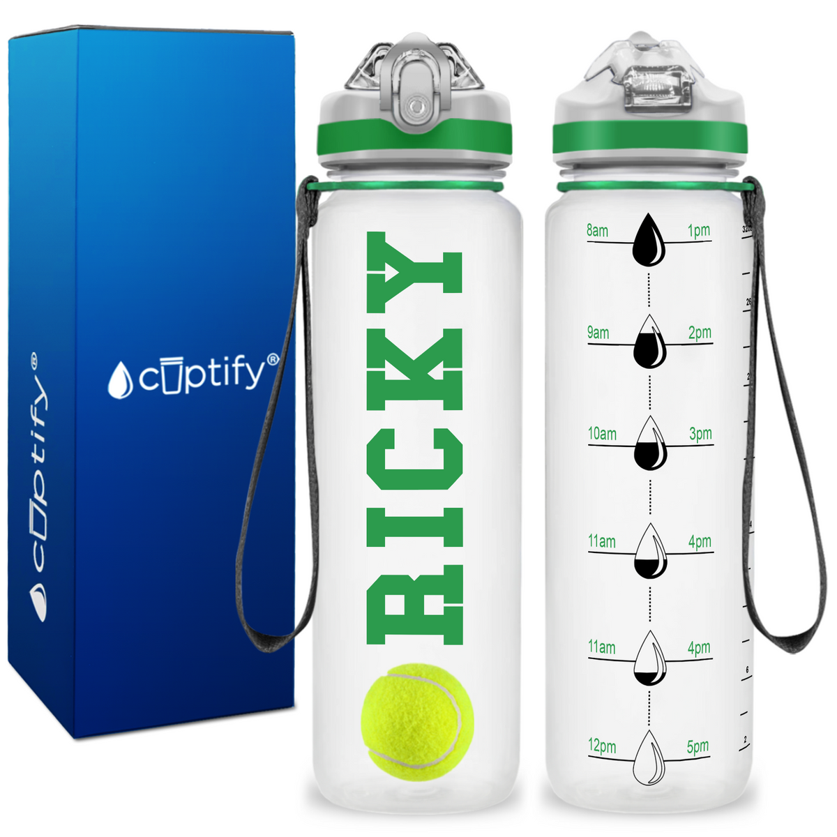 Personalized Tennis Ball on 32 oz Motivational Tracking Water Bottle