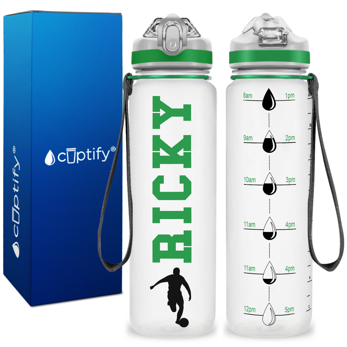 Personalized Soccer Player on 32 oz Motivational Tracking Water Bottle