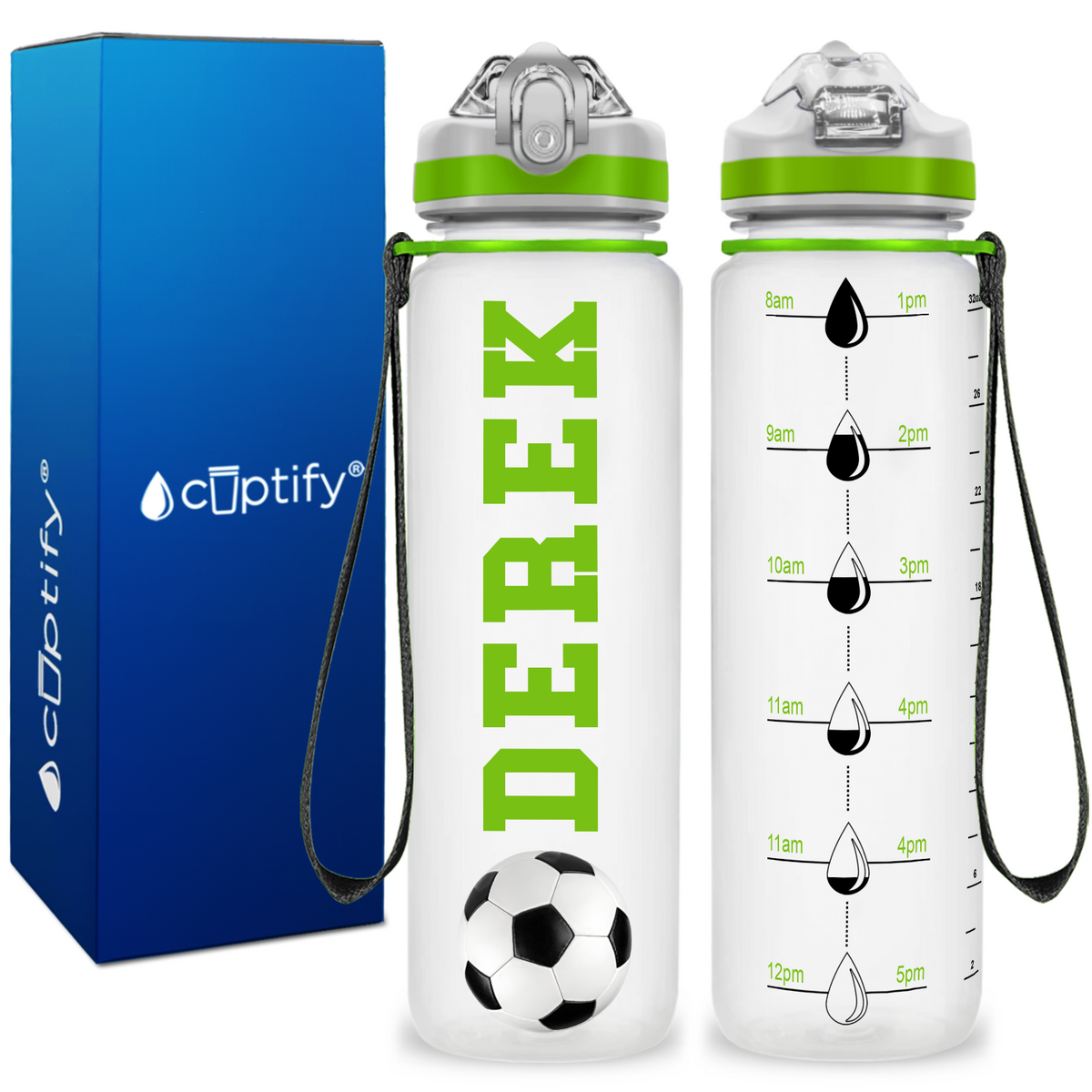 Personalized Soccer Ball on 32 oz Motivational Tracking Water Bottle