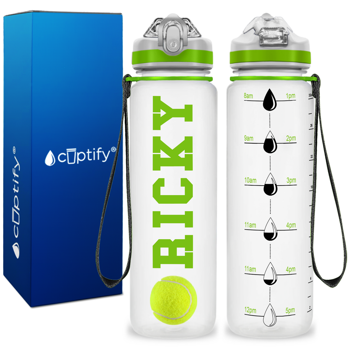Personalized Tennis Ball on 32 oz Motivational Tracking Water Bottle