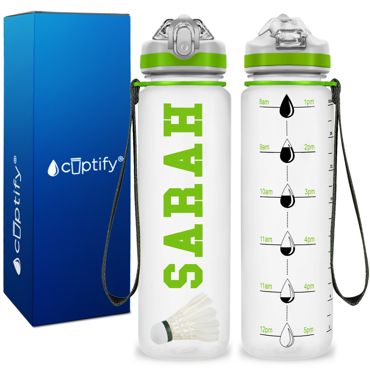 Personalized Badminton on 32 oz Motivational Tracking Water Bottle