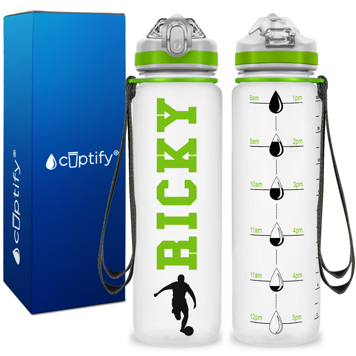 Personalized Soccer Player on 32 oz Motivational Tracking Water Bottle