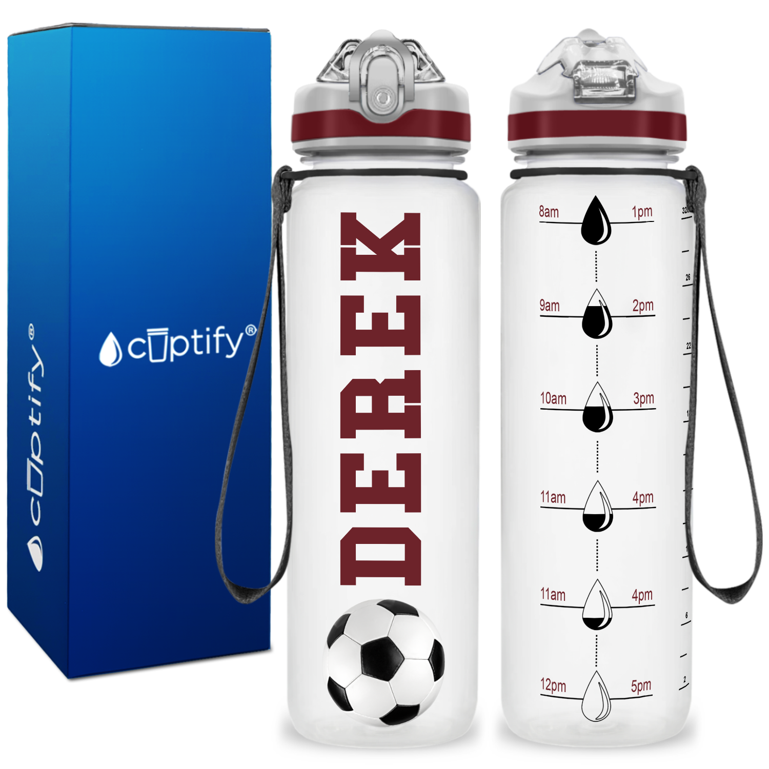 Personalized Soccer Ball on 32 oz Motivational Tracking Water Bottle