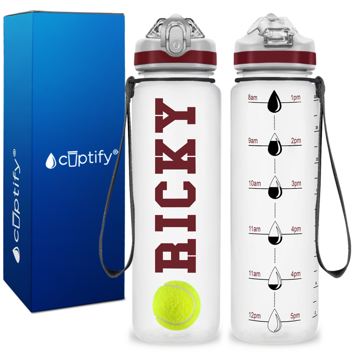 Personalized Tennis Ball on 32 oz Motivational Tracking Water Bottle