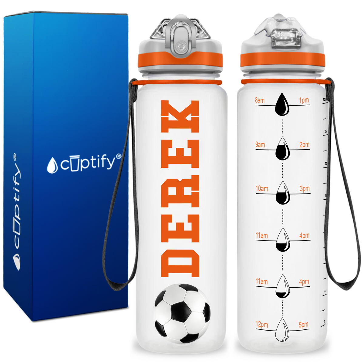 Personalized Soccer Ball on 32 oz Motivational Tracking Water Bottle