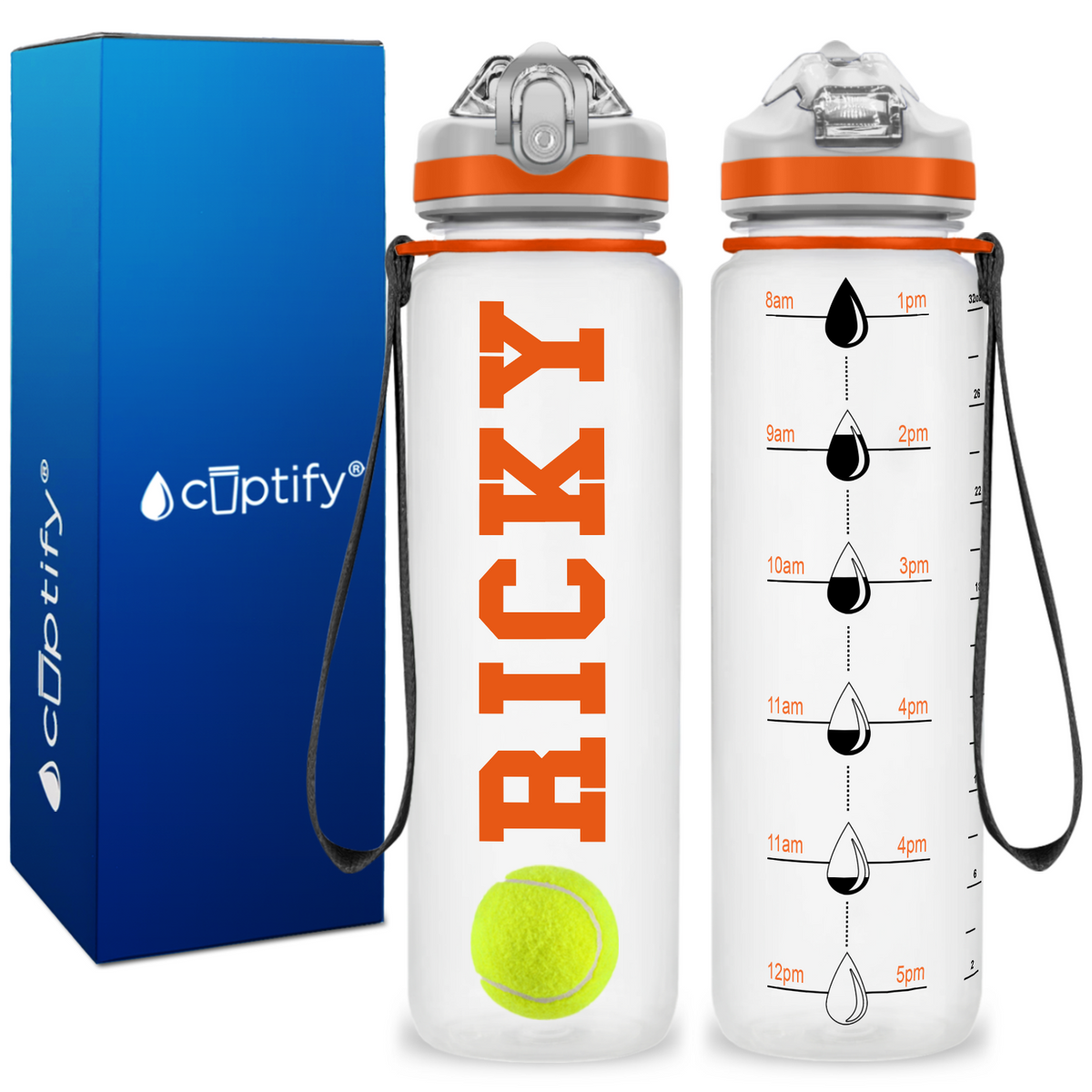 Personalized Tennis Ball on 32 oz Motivational Tracking Water Bottle