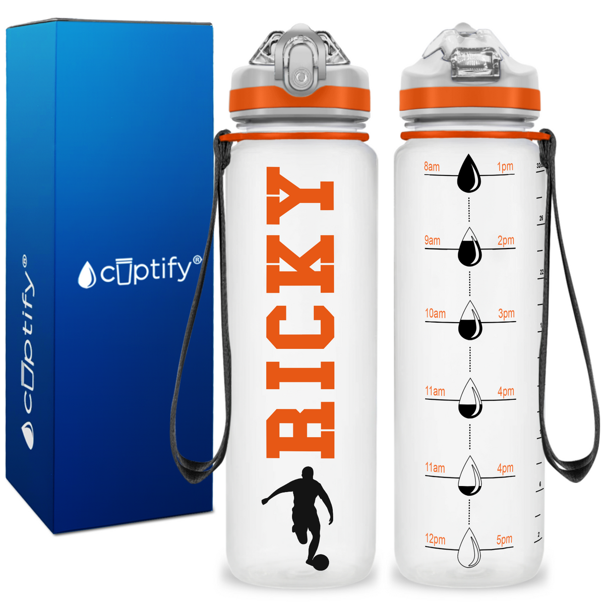 Personalized Soccer Player on 32 oz Motivational Tracking Water Bottle