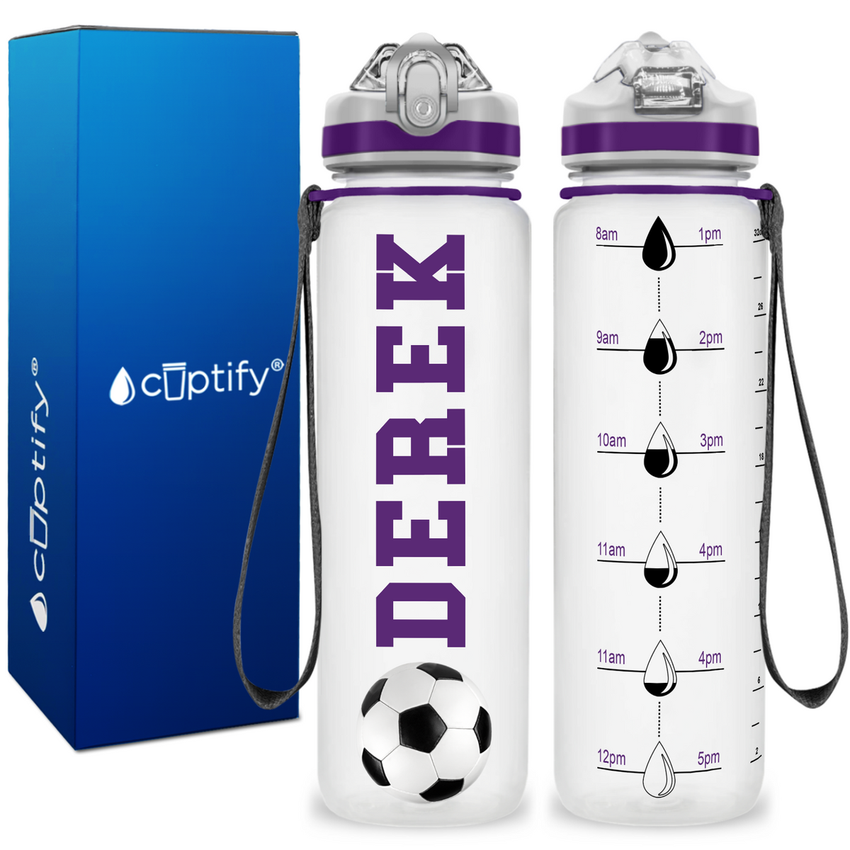 Personalized Soccer Ball on 32 oz Motivational Tracking Water Bottle