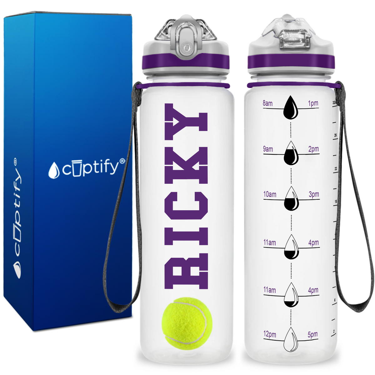 Personalized Tennis Ball on 32 oz Motivational Tracking Water Bottle