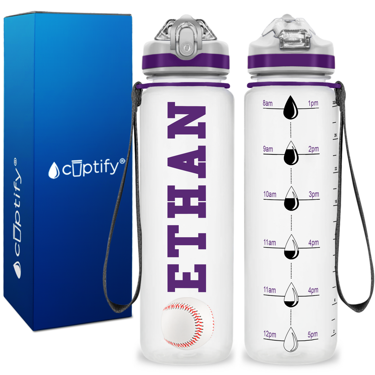 Personalized Baseball on 32 oz Motivational Tracking Water Bottle