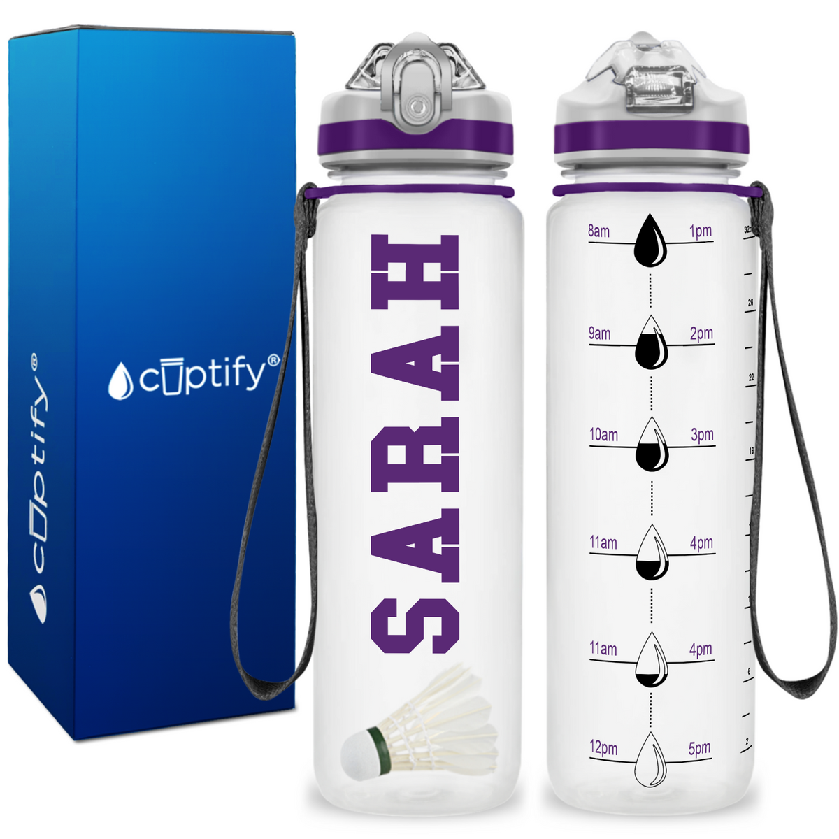 Personalized Badminton on 32 oz Motivational Tracking Water Bottle