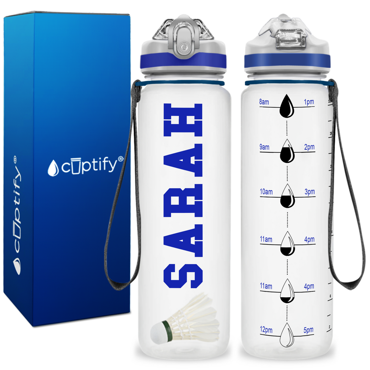 Personalized Badminton on 32 oz Motivational Tracking Water Bottle