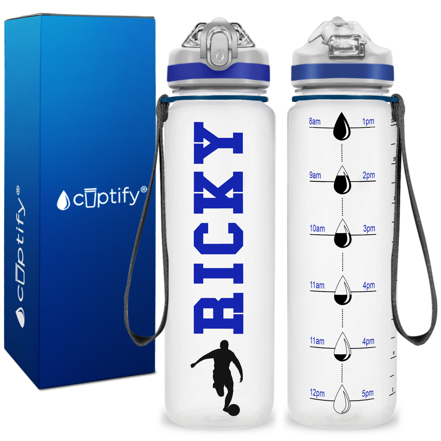 Personalized Soccer Player on 32 oz Motivational Tracking Water Bottle